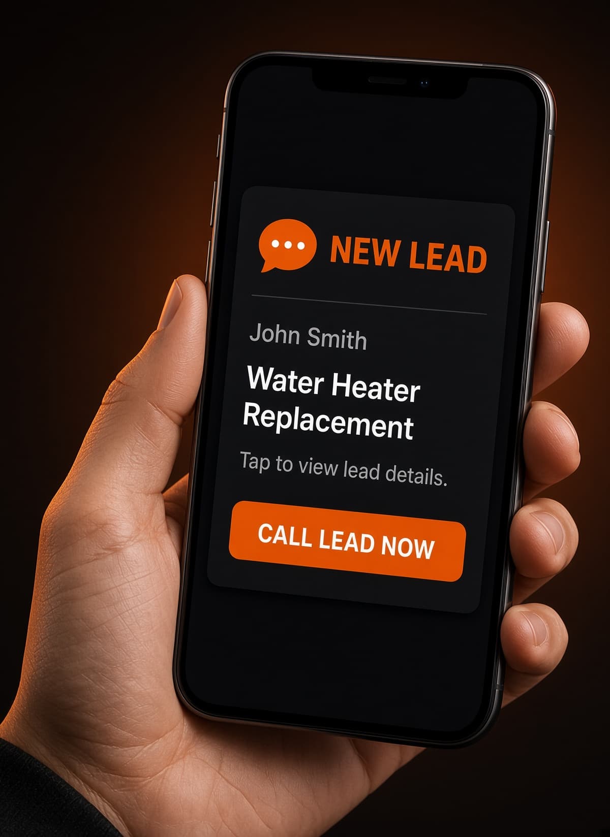 Phone showing a DibsText new-lead text for a water heater replacement with a Call Lead Now button